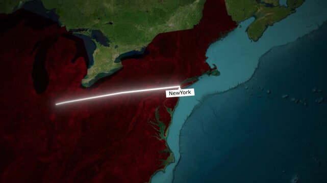 Map Animation of Flight path route from New York to Los Angeles Across USA