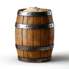 Obraz premium Large wooden barrel filled with fresh hummus, rustic metal bands, isolated on white background, appetizing and inviting