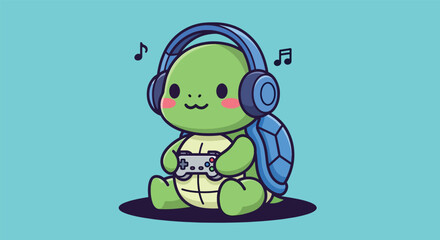 Cute cartoon turtle playing video games with headphones and music.