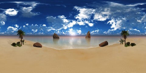 HDRI High resolution map, environment map, Round panorama, spherical panorama, equidistant projection, sea sunset, panoramic, 3D rendering. Sunset over a tropical island 