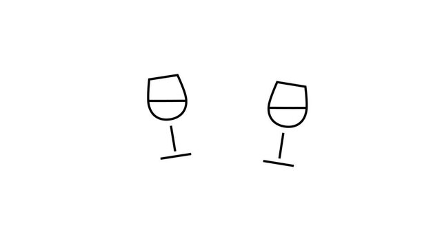Loopable minimalist animation of two drinking glasses clinking together in a toast gesture. Line stroke style on white background. 