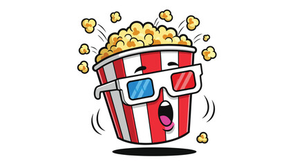Expressive cartoon popcorn bucket with 3D glasses red and white stripes and flying kernels.