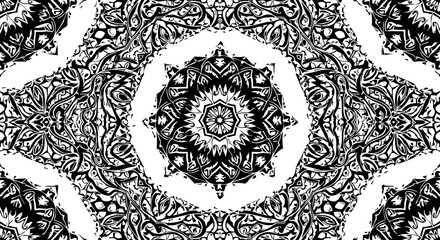 Intricate black and white mandala pattern evokes spiritual calm and mindful meditation, perfect for wellness brands and decor.