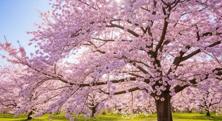 Blooming Sakura: A Stunning Spring Landscape with Cherry Blossom Trees in Full Bloom