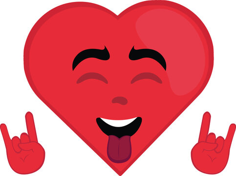vector illustration emoticon character heart cartoon, making the classic heavy metal gesture with hands and sticking out tongue