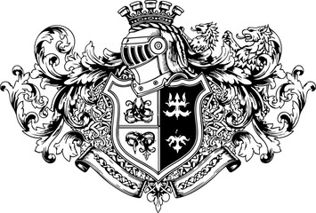 Elegant vintage coat of arms with ornate scrollwork and heraldic symbols conveying prestige and heritage for luxury branding