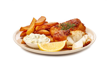 Golden crispy fish and chips, Elegant ceramic plate presentation with balanced portions and crisp coating