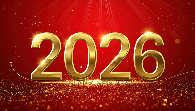 Golden 2026 numbers on sparkling red background celebrate New Year with festive cheer. bright, glittering design conveys joy and excitement for upcoming year