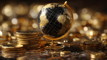 Luxurious gold and black miniature globe surrounded by coins for opulent decor and wealth concept
