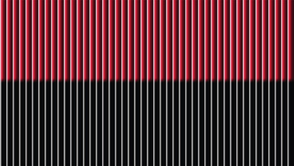 A striking visual pattern of bold vertical red and black stripes dominates the image composition