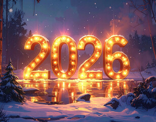 Bright digits shine warmly to welcome the new year 2026 in a snowy forest setting at dusk