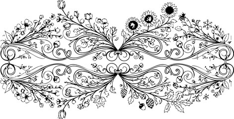 Elegant botanical flourish design with delicate flowers, leaves, and swirling vines creating a vintage, decorative border perfect for elegant invitations or branding.