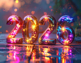 Bright digits light up the night welcoming the year 2026 with colorful sparkles and vibrant reflections on the ground