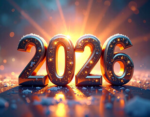 Bright digits of 2026 shine warmly against a sparkling backdrop in a festive celebration scene