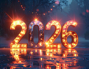 Bright digits illuminate the night as the year 2026 approaches