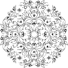 Intricate black and white mandala design featuring delicate floral elements and swirling branches, evoking natural beauty and artistic symmetry.