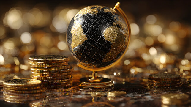 Luxurious gold and black miniature globe surrounded by coins for opulent decor and wealth concept - Powered by Adobe