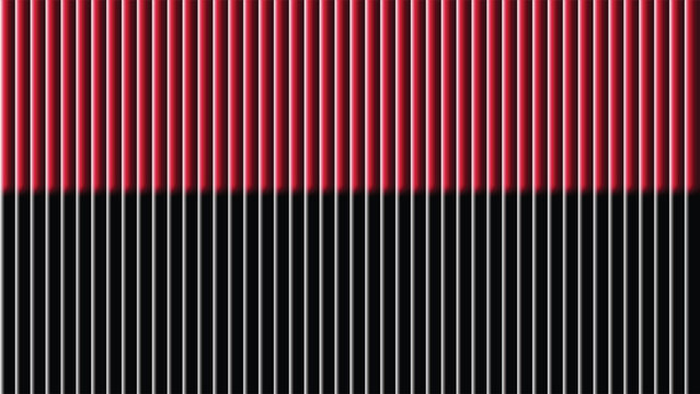 A striking visual pattern of bold vertical red and black stripes dominates the image composition