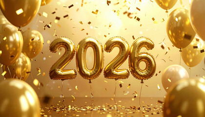 Golden balloons shaped as 2026 float amidst festive atmosphere with shimmering confetti and other balloons, creating celebratory and joyful scene. warm golden tones enhance festive mood