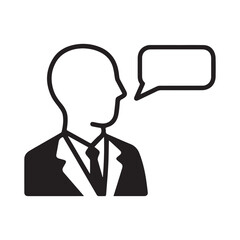 Monochrome icon of a man in a tie speaking Lawyer talking bubble.