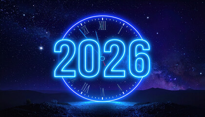 Glowing blue 2026 is set against starry night sky with clock face, symbolizing future and time. scene evokes sense of anticipation and wonder