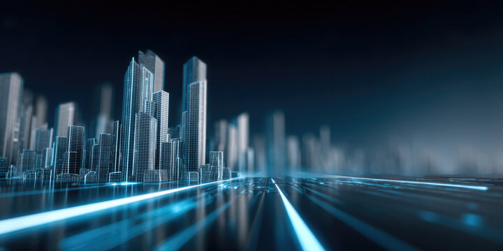 Futuristic cityscape with glowing blue lines, modern skyscraper, digital technology, and night urban skyline, evoking innovation - Powered by Adobe