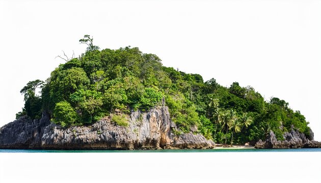 lush green island with rocky cliffs and trees isolated on transparent cutout background - Powered by Adobe