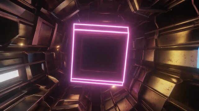 Futuristic tunnel with glowing neon diamond shapes, showcasing vibrant colors and metallic textures