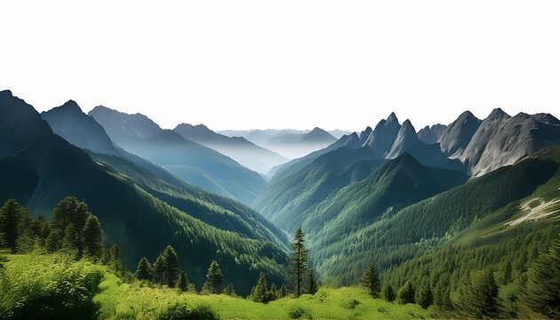 majestic green mountain peaks with forest valleys isolated on transparent cutout background