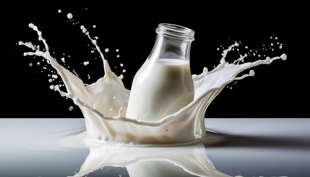 milk bottle with milk splash isolated on transparent cutout background