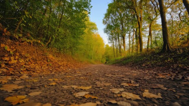 Ground-level slow 4K camera move through a Mediterranean autumn forest, warm golden light, soft leaf motion and cinematic natural atmosphere.