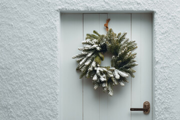 Snow-Covered evergreen wreath on white door