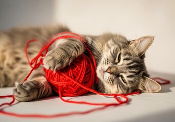 A playful gray tabby cat lies on a surface, entangled in a red yarn ball. The cat appears relaxed and content, with its eyes half-closed.