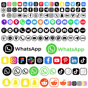 most common used social media icons, social media icons set , Facebook, Instagram, Twitter, Youtube, Pinterest, Behance, Vimeo, Google, Skype, TikTok, Whatsapp, Linkedin, Telegram