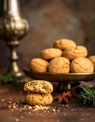 Pile of fresh baked cookies, cut open on brass serving platter