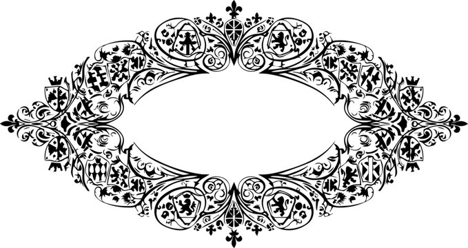 Elegant vintage ornamental frame design with intricate floral patterns and heraldic elements for luxury branding and classic invitations