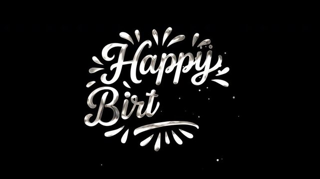 Elegant silver Happy Birthday lettering animation, featuring dazzling sparkles and festive confetti, ideal for joyful celebrations