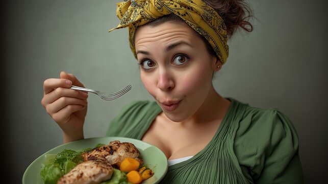 Femme surprise avec bandeau jaune s'appr?tant ? d?guster un repas