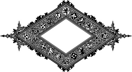 Intricate gothic diamond frame with heraldic crests and ornate detailing offers a sophisticated and timeless decorative element for elegant designs.
