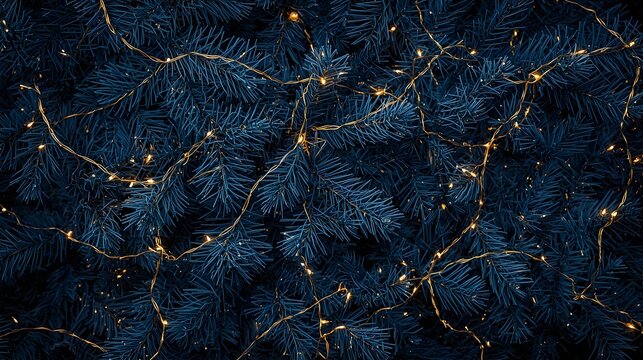 Dark blue Christmas fir tree branches background with soft gold glowing festive lights