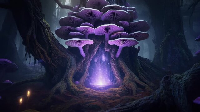 Purple fungi in water against a dark background with flowing blue light, color, and smoke patterns