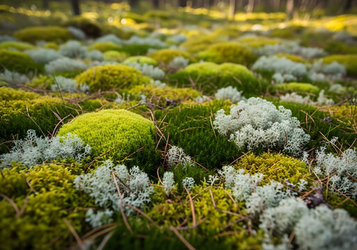 Close up view of lush green moss and lichen covering the forest floor, creating a vibrant textured landscape. The natural beauty of the woodland environment is on full display