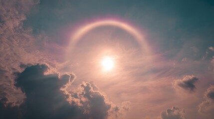 Breathtaking celestial phenomena showcasing sun surrounded by colorful clouds and vibrant halo effect against a serene blue sky during twilight hours