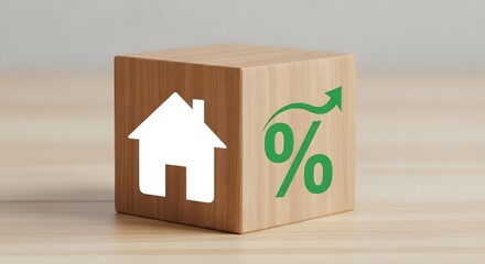 A wooden block with a white house icon and a green percentage sign with an upward trending arrow on it