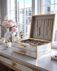 Luxurious jewelry box marble gold elegant storage open lid necklace ring earring pearl sunlight