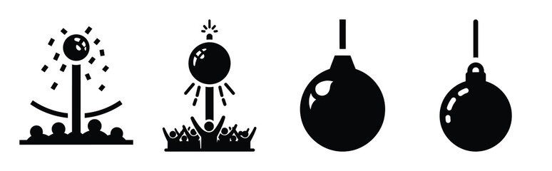 Illustration of the ball drop simple silhouette vector icon set. happy New Year 2026 vector icons collection.
