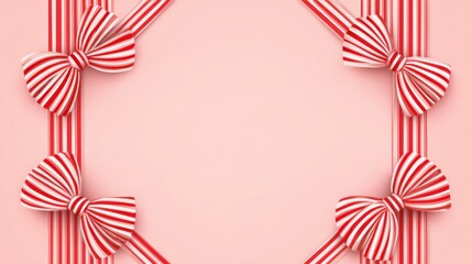 Obraz premium Bright red and white striped bows embellish a gentle pink backdrop perfect for celebrations.