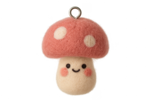 Cute felt mushroom character smiling on transparent background - Powered by Adobe