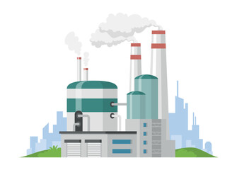 Industrial factory building with smokestacks and cooling towers set in an urban landscape