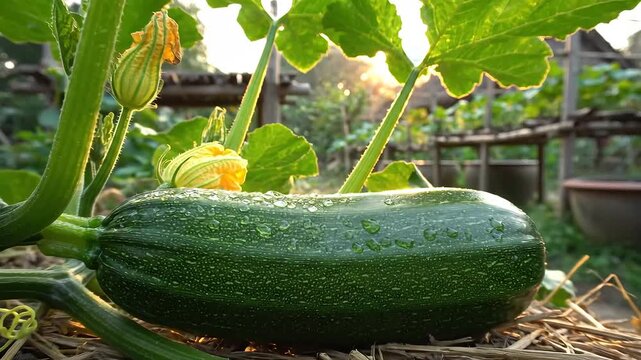 Closeup of a ripe zucchini growing on the vine in a garden with sunlight filtering through the leaves.